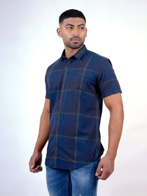 Men Navy Blue Checked Sustainable Casual Half Shirt