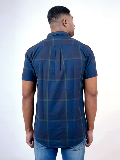 Men Navy Blue Checked Sustainable Casual Half Shirt