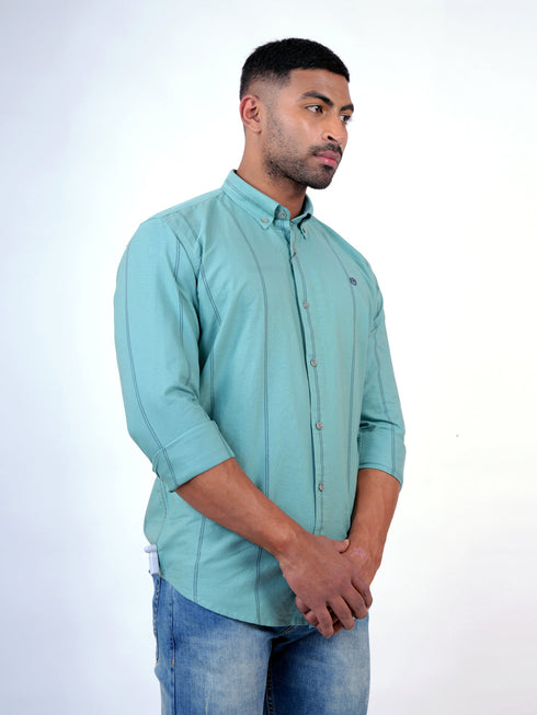 Men Aqua Blue Stripes Printed Sustainable Casual Full Shirt