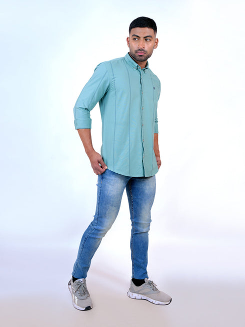 Men Aqua Blue Stripes Printed Sustainable Casual Full Shirt