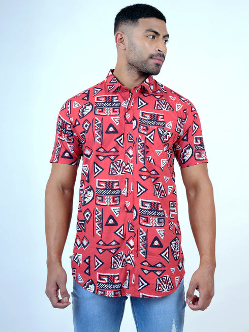 Men Red Geometric Printed Sustainable Casual Short Shirt