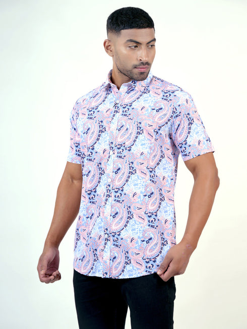 Men Light Blue Floral Printed Sustainable Casual Short Shirt