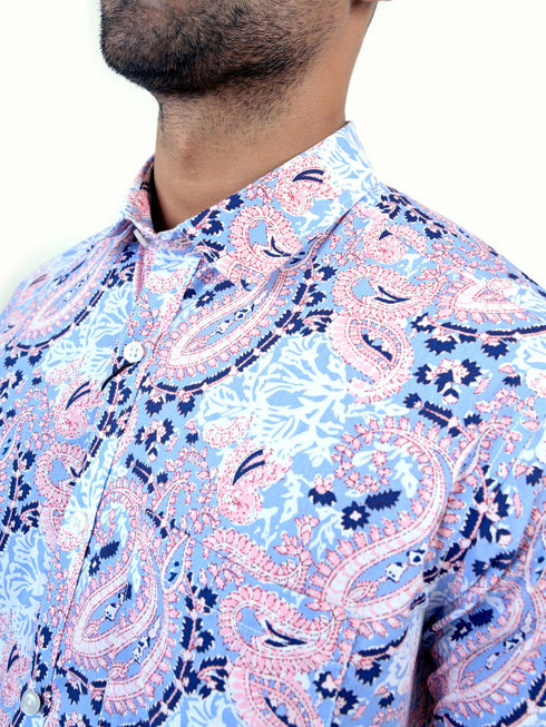Men Light Blue Floral Printed Sustainable Casual Short Shirt