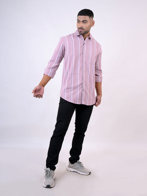 Men Peach Pink Stripes Printed Sustainable Casual Full Shirt