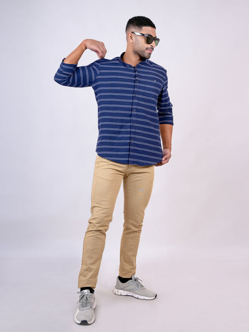 Men Navy Blue Striped Sustainable Casual Full Shirt