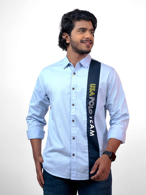 Men Sky Blue Typography Sustainable Casual Full Shirt