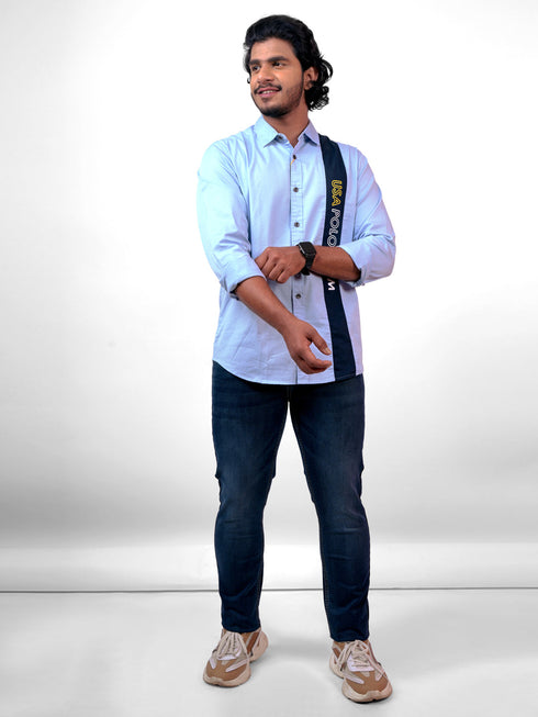 Men Sky Blue Typography Sustainable Casual Full Shirt