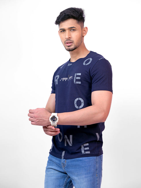 Men Navy Typography regular Fit casual T-Shirt