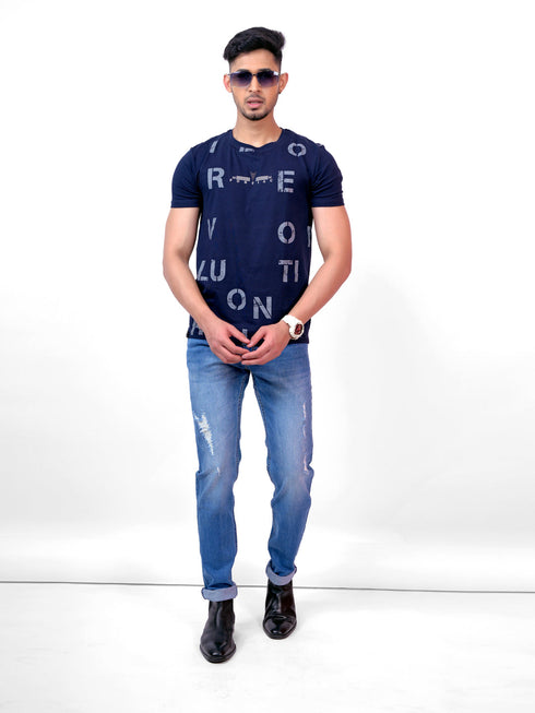 Men Navy Typography regular Fit casual T-Shirt