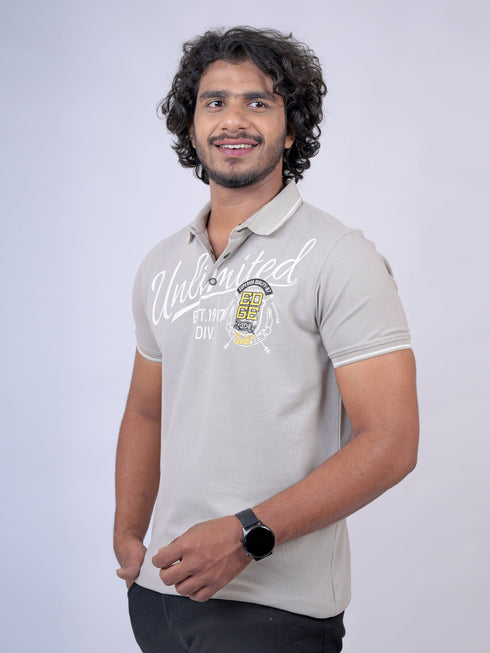 Men Beige Polo Typography Regular Fit Casual T-Shirt