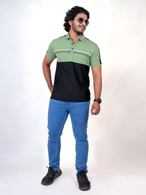 Men Green And Black Stripline Regular Fit Casual T-Shirt