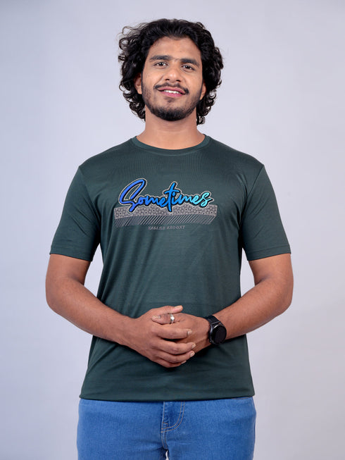 Men Dark Green Typography Regular Fit Casual T-Shirt