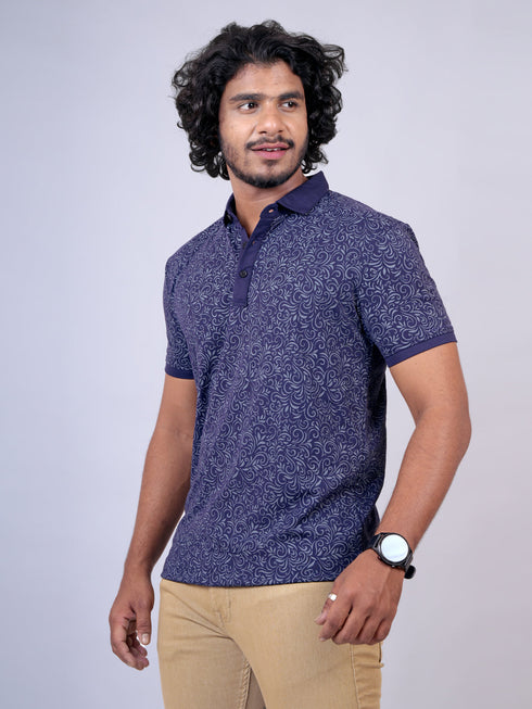 Men Navy Polo Print Regular Fit Casual T-Shirt
