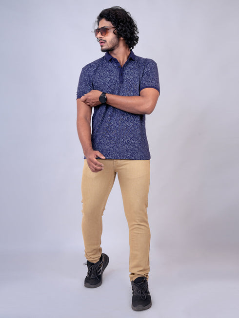 Men Navy Polo Print Regular Fit Casual T-Shirt