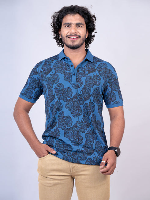Men Royal Blue Leaves Printed Regular Fit Casual T-Shirt