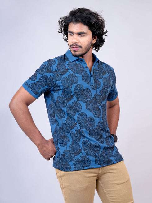 Men Royal Blue Leaves Printed Regular Fit Casual T-Shirt