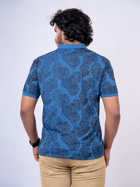 Men Royal Blue Leaves Printed Regular Fit Casual T-Shirt
