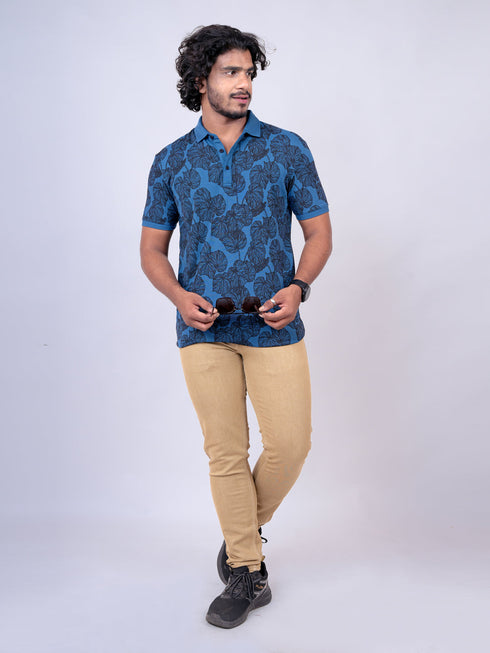 Men Royal Blue Leaves Printed Regular Fit Casual T-Shirt