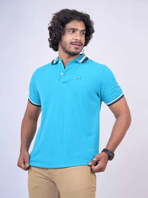 Men Teal Blue Polo Solid Regular Fit Casual T-Shirt