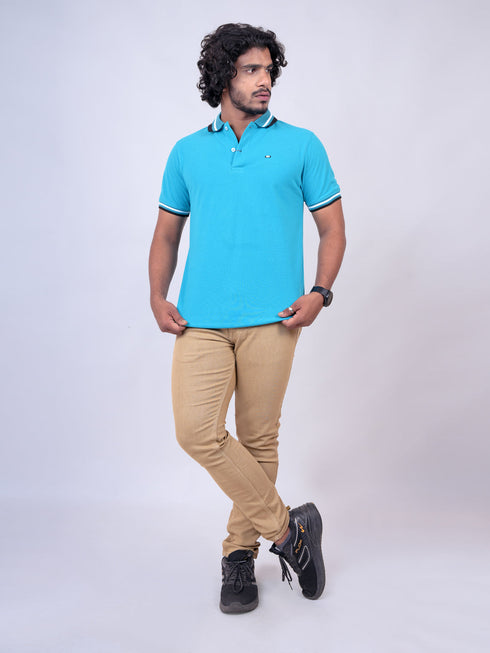 Men Teal Blue Polo Solid Regular Fit Casual T-Shirt