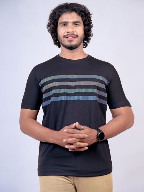 Men Black Stripline Regular Fit Casual T-Shirt