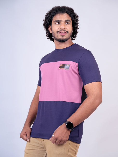 Men Navy And Pink Solid Regular Fit Casual T-Shirt