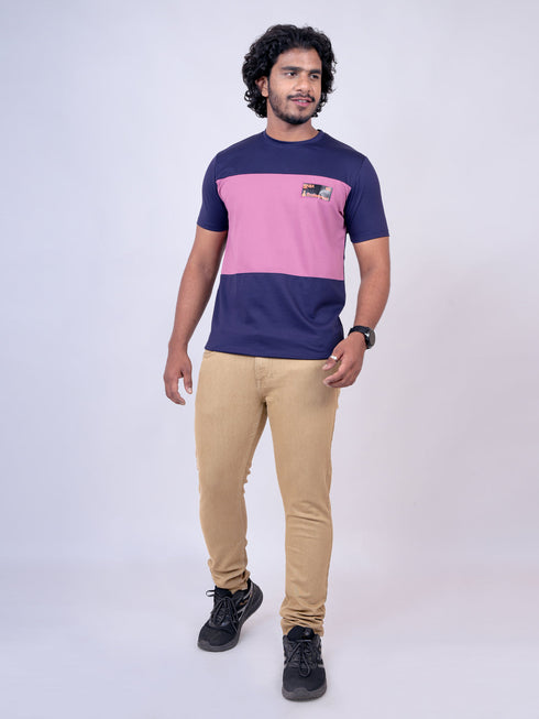 Men Navy And Pink Solid Regular Fit Casual T-Shirt