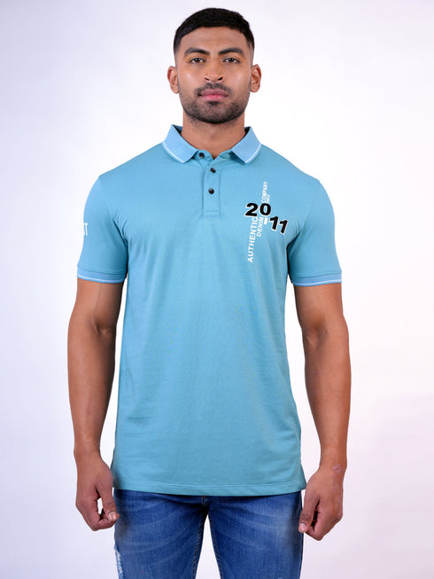 Men Aqua Blue Polo Typography Regular Fit Casual T-Shirt