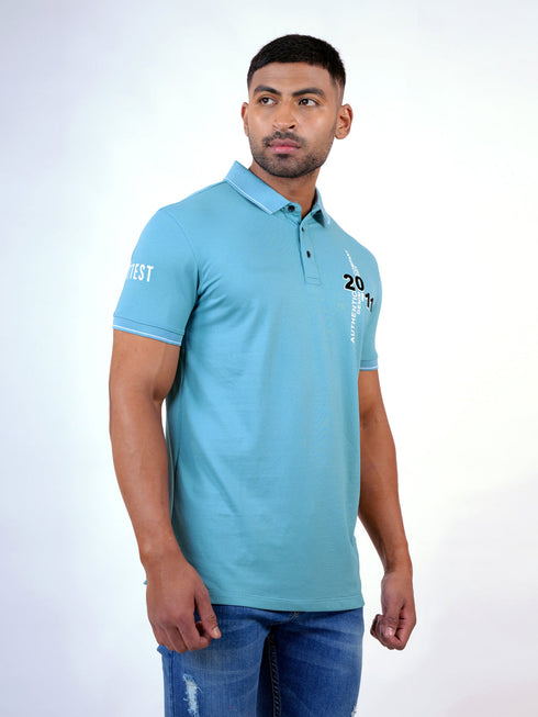 Men Aqua Blue Polo Typography Regular Fit Casual T-Shirt