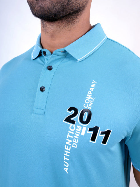 Men Aqua Blue Polo Typography Regular Fit Casual T-Shirt