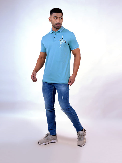 Men Aqua Blue Polo Typography Regular Fit Casual T-Shirt