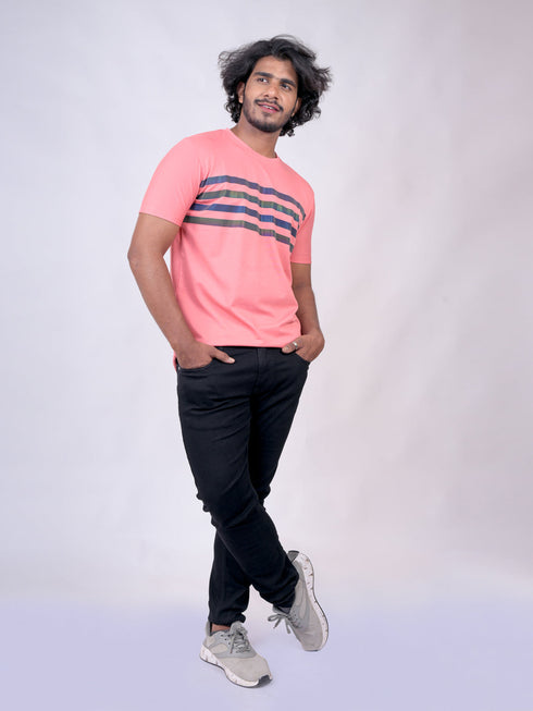 Men Peach Stripline Regular Fit Casual T-Shirt