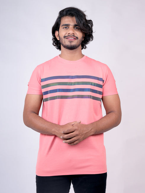 Men Peach Stripline Regular Fit Casual T-Shirt