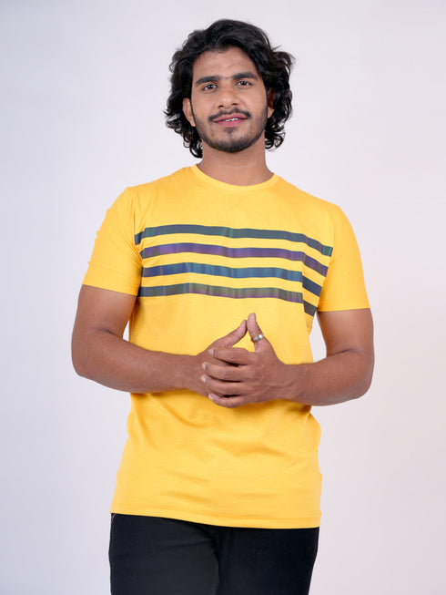 Men Mustard Stripline Regular Fit Casual T-Shirt