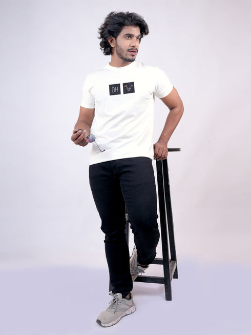 Men White Print Casual T-Shirt Round Neck With Short Sleeves