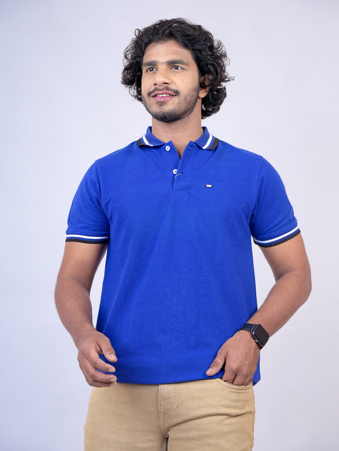 Men Blue Polo Solid Regular Fit Casual T-Shirt