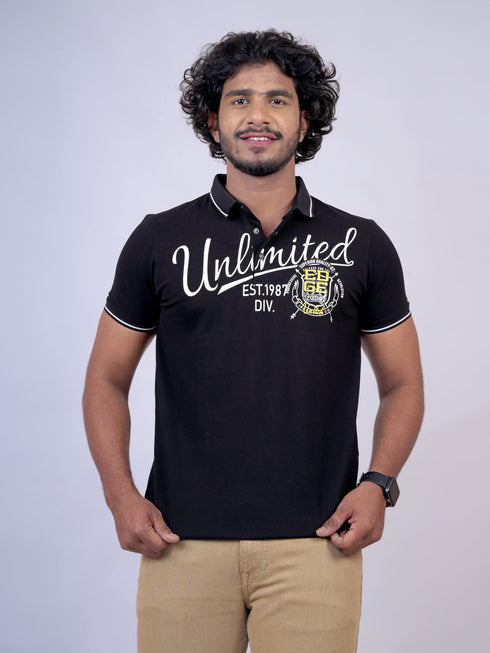 Men Black Polo Typography Print Regular Fit Casual T-Shirt
