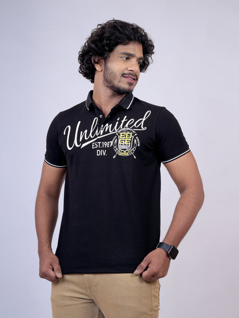 Men Black Polo Typography Print Regular Fit Casual T-Shirt