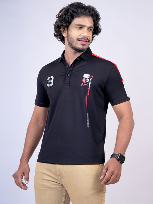 Men Black Polo Typography Regular Fit Casual T-Shirt
