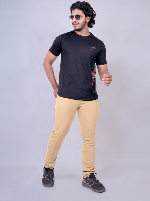 Men Black Print Round Nack Regular Fit Casual T-Shirt