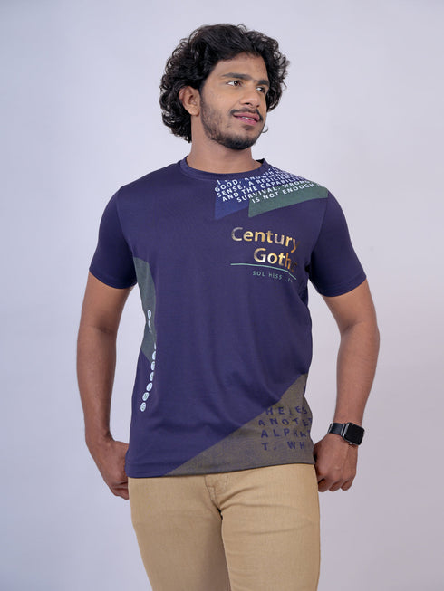 Men Navy Blue Typography Regular Fit Casual T-Shirt