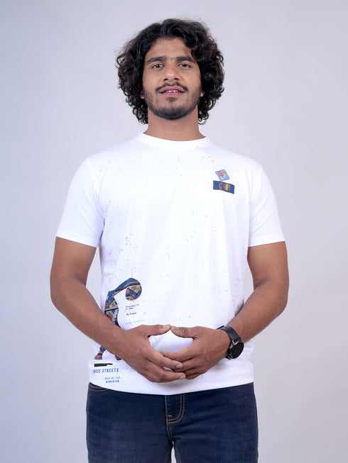 Men White Print Regular Fit Casual T-Shirt