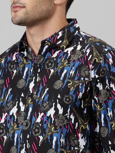 Mens Black Printed Casual Shirt Full Sleeves With Spread Collar