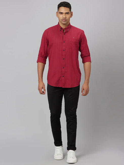 Men Red Striped Sustainable Casual Shirt With Full Sleeves