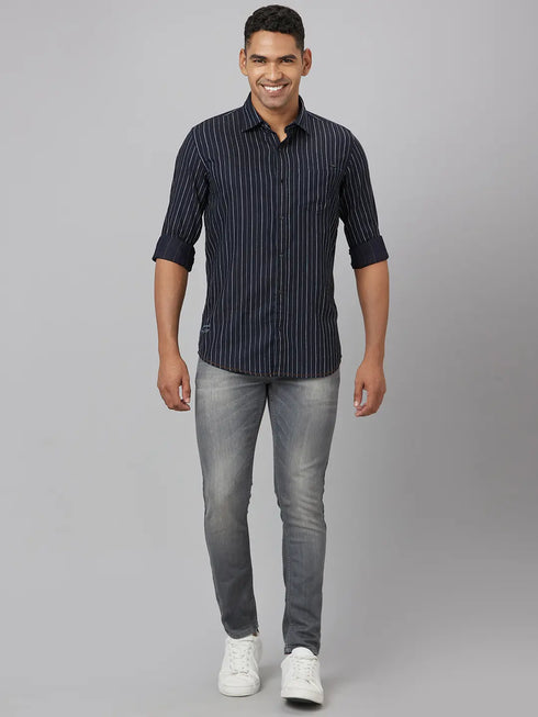 Men Navy Blue Striped Line Sustainable Casual Shirt With Spread Collar