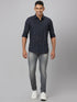 Men Navy Blue Striped Line Sustainable Casual Shirt With Spread Collar