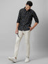 Mens Black Conversational Printed Cotton Linen Casual Shirt