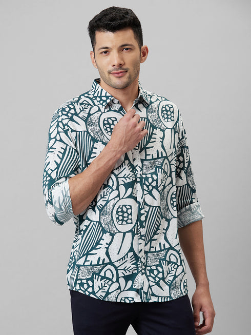 Mens White Abstract Printed Cotton Linen Casual Shirt With Spread Collar