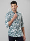 Mens White Abstract Printed Cotton Linen Casual Shirt With Spread Collar