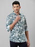 Mens White Abstract Printed Cotton Linen Casual Shirt With Spread Collar